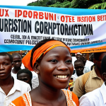 **

A diverse group of Ivorian youth actively participating in a political rally in Abidjan, using smartphones and social media to express their views. Banners with slogans about "Youth Empowerment" and "Fighting Corruption" are visible. In the background, there's a mix of modern buildings and traditional market scenes, reflecting the blend of progress and tradition in Côte d'Ivoire. The overall mood is energetic and hopeful, but with a hint of underlying tension.

**