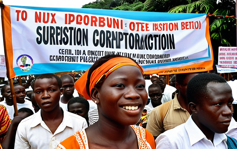 **

A diverse group of Ivorian youth actively participating in a political rally in Abidjan, using smartphones and social media to express their views. Banners with slogans about "Youth Empowerment" and "Fighting Corruption" are visible. In the background, there's a mix of modern buildings and traditional market scenes, reflecting the blend of progress and tradition in Côte d'Ivoire. The overall mood is energetic and hopeful, but with a hint of underlying tension.

**