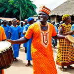 A vibrant scene in Côte d'Ivoire during the festive season, capturing multi-generational groups of people, fully clothed in modest, colorful Ivorian traditional attire with distinct patterns. They are energetically dancing and playing traditional musical instruments like djembe drums and balafons. The setting is an outdoor village square bathed in warm tropical sunlight, filled with a joyful and rhythmic atmosphere. The focus is on the communal celebration through music and movement. Perfect anatomy, correct proportions, natural poses, well-formed hands, proper finger count, natural body proportions. Safe for work, appropriate content, fully clothed, professional, family-friendly, high-quality photography, sharp focus, natural lighting.