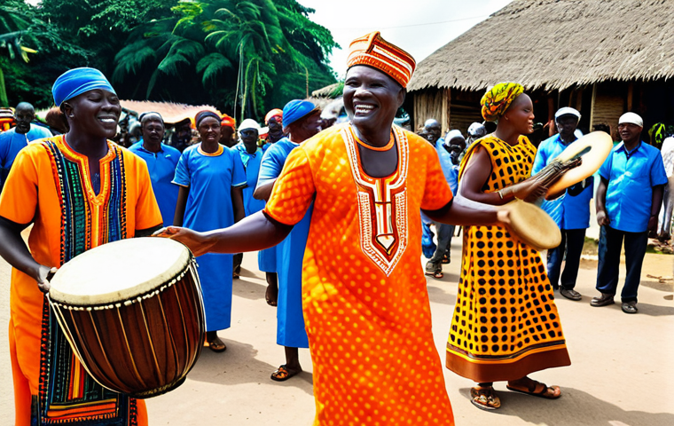 A vibrant scene in Côte d'Ivoire during the festive season, capturing multi-generational groups of people, fully clothed in modest, colorful Ivorian traditional attire with distinct patterns. They are energetically dancing and playing traditional musical instruments like djembe drums and balafons. The setting is an outdoor village square bathed in warm tropical sunlight, filled with a joyful and rhythmic atmosphere. The focus is on the communal celebration through music and movement. Perfect anatomy, correct proportions, natural poses, well-formed hands, proper finger count, natural body proportions. Safe for work, appropriate content, fully clothed, professional, family-friendly, high-quality photography, sharp focus, natural lighting.