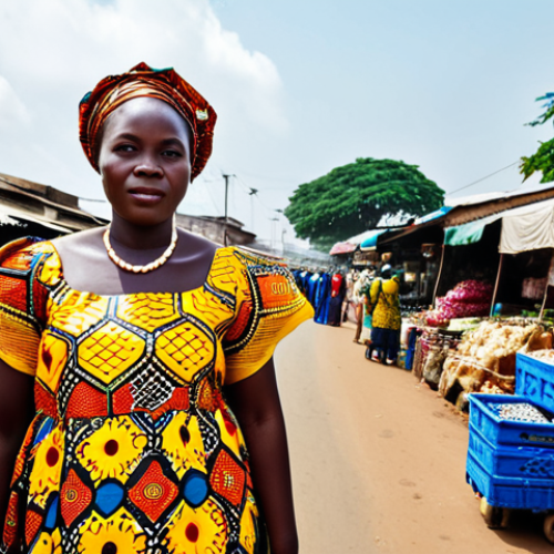 **

"A professional Ivorian woman wearing a modest, brightly colored traditional West African dress, standing confidently in front of a bustling Abidjan marketplace, fully clothed, appropriate attire, safe for work, perfect anatomy, natural proportions, professional photography, vibrant colors, family-friendly."

**