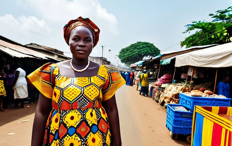 **
"A professional Ivorian woman wearing a modest, brightly colored traditional West African dress, standing confidently in front of a bustling Abidjan marketplace, fully clothed, appropriate attire, safe for work, perfect anatomy, natural proportions, professional photography, vibrant colors, family-friendly."
**