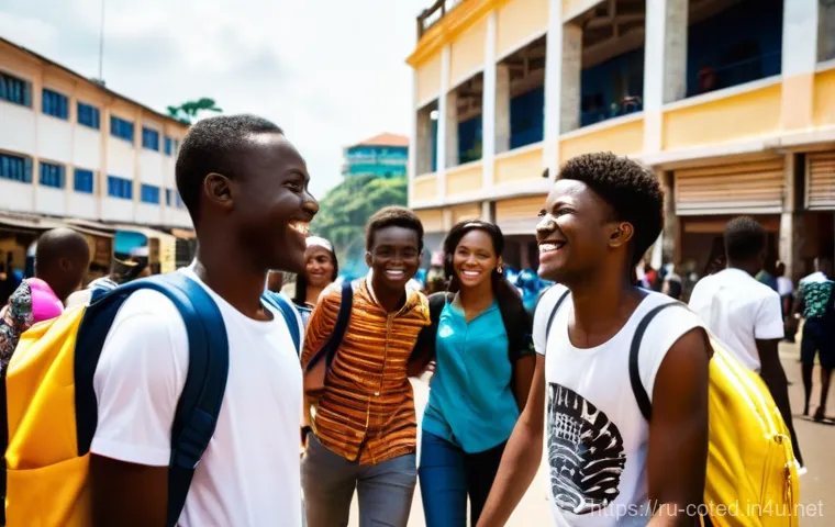 코트디부아르 교육 제도와 유학 - **Prompt:** A vibrant, sun-drenched street scene in Abidjan, Côte d'Ivoire, bustling with a diverse ...