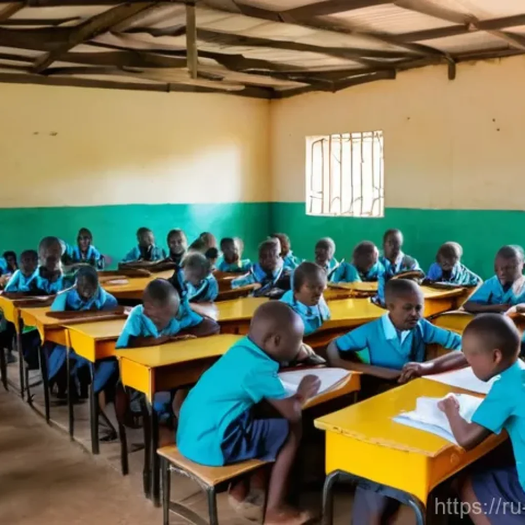 코트디부아르 초등교육과 문맹률 - A wide shot of a bustling primary school classroom in C&ocirc;te d'Ivoire, filled with approximately 60-80...