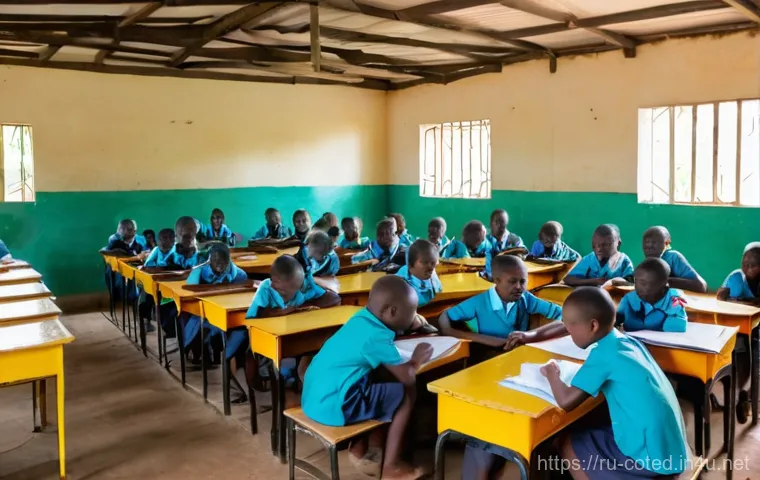 코트디부아르 초등교육과 문맹률 - A wide shot of a bustling primary school classroom in Côte d'Ivoire, filled with approximately 60-80...