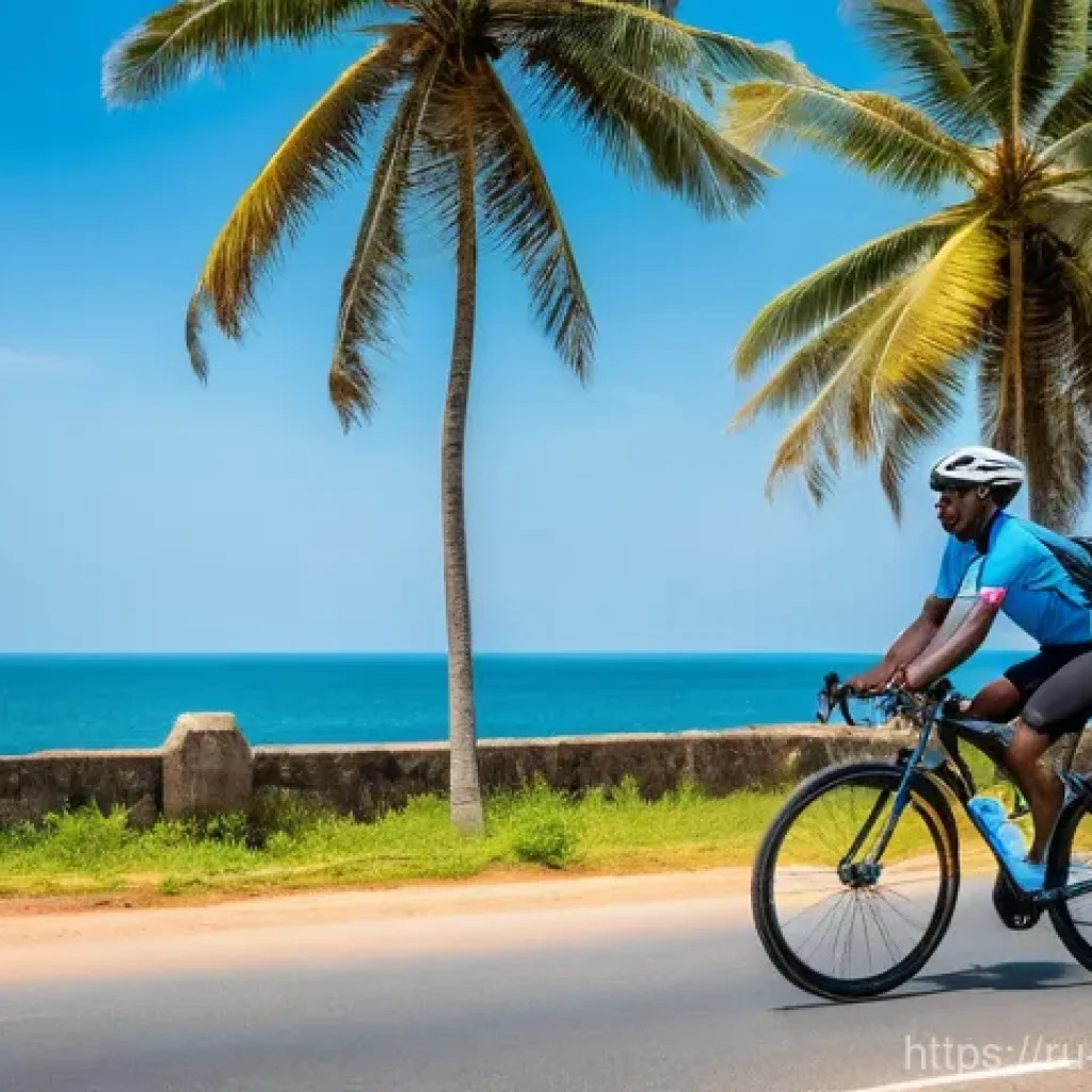 코트디부아르에서 자전거 여행하기 - A vibrant and picturesque scene of a cyclist (a young man or woman, wearing a bright cycling jersey,...