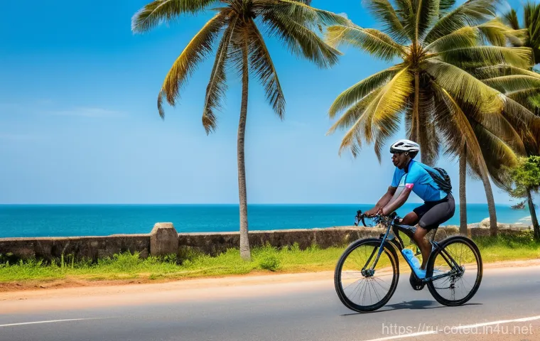 코트디부아르에서 자전거 여행하기 - A vibrant and picturesque scene of a cyclist (a young man or woman, wearing a bright cycling jersey,...