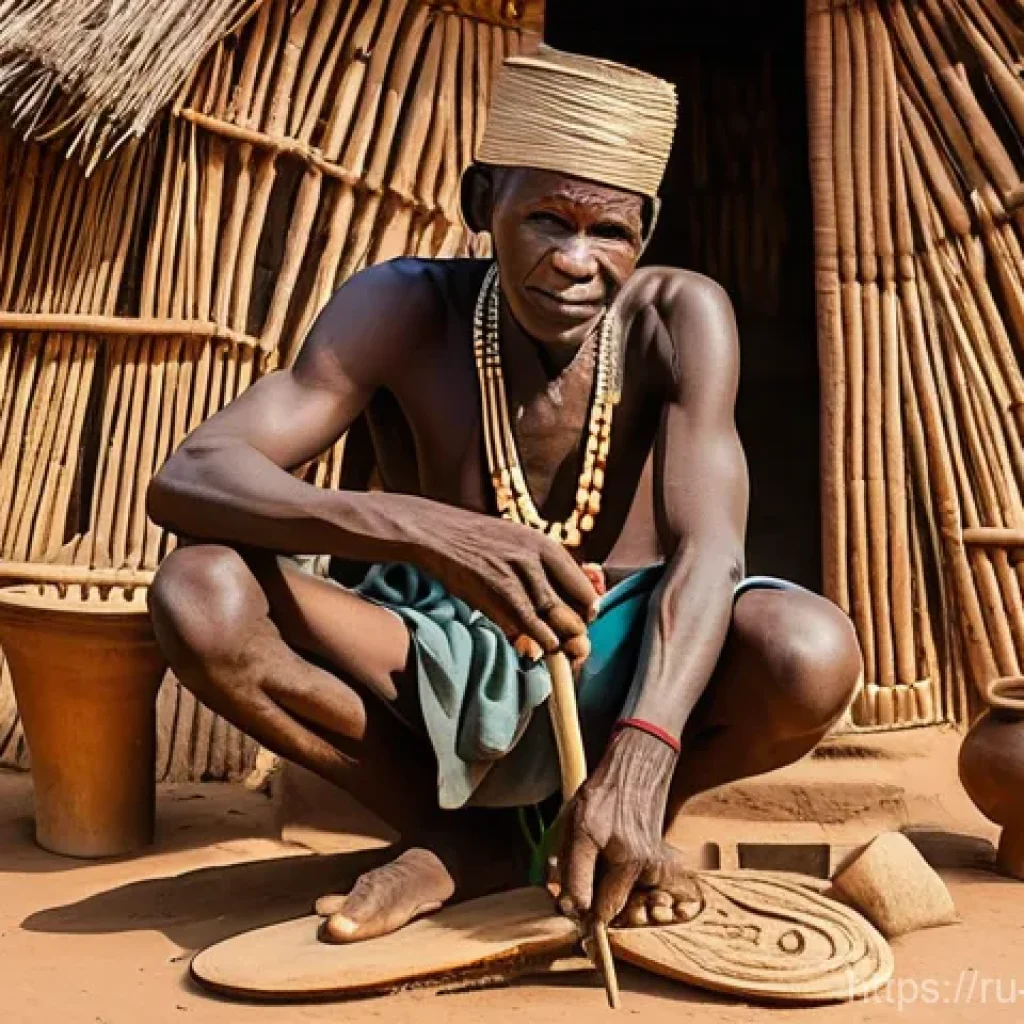 코트디부아르 세누포족 생활방식 - **Senufo Wood Carver (Koroba) in Village Setting:**
    A highly detailed, realistic image of a Senu...