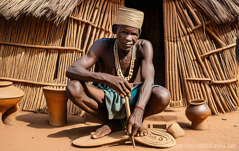 코트디부아르 세누포족 생활방식 - **Senufo Wood Carver (Koroba) in Village Setting:**
    A highly detailed, realistic image of a Senu...