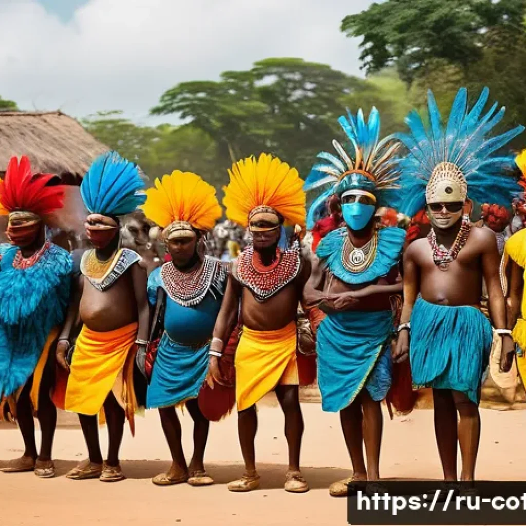 코트디부아르 마스크 축제 - A vibrant traditional Ivorian festival scene featuring dancers wearing elaborately carved wooden mas...