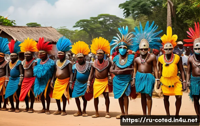 코트디부아르 마스크 축제 - A vibrant traditional Ivorian festival scene featuring dancers wearing elaborately carved wooden mas...