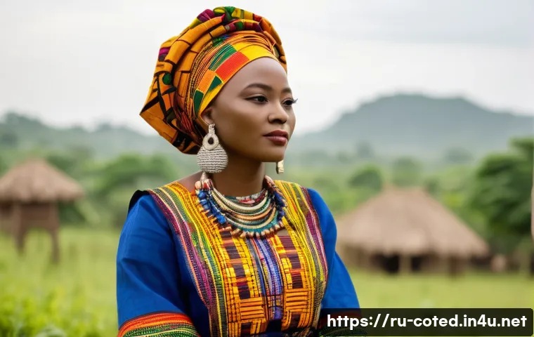 코트디부아르 전통 의상과 패션 - A vibrant traditional Baul&eacute; outfit from Ivory Coast featuring bright, richly colored kente fabric wi...