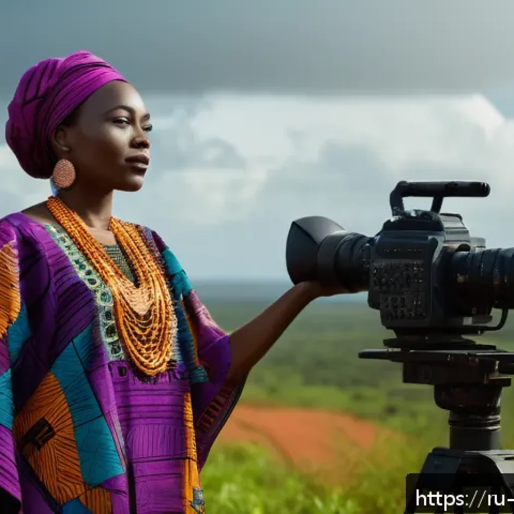 코트디부아르 영화 산업과 유명 감독 - A vibrant cinematic scene depicting an Ivorian film director on location in a lush African landscape...