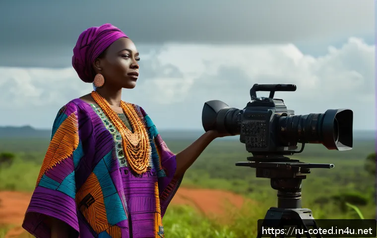 코트디부아르 영화 산업과 유명 감독 - A vibrant cinematic scene depicting an Ivorian film director on location in a lush African landscape...