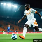 코트디부아르 유명 축구 선수 - A dynamic scene of an Ivorian football star in action on a vibrant stadium pitch, wearing a modern w...