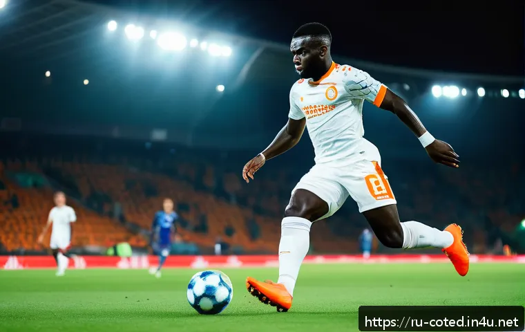 코트디부아르 유명 축구 선수 - A dynamic scene of an Ivorian football star in action on a vibrant stadium pitch, wearing a modern w...