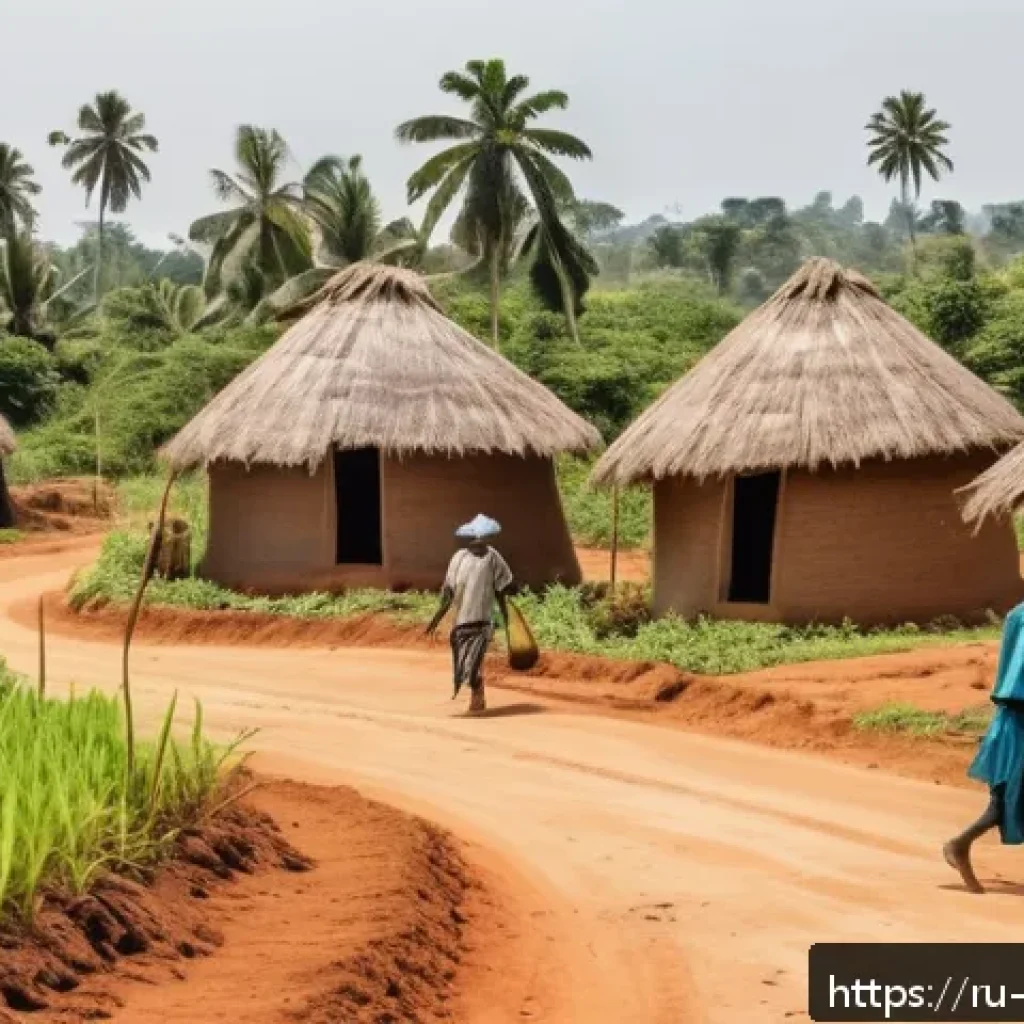 코트디부아르 빈곤율과 경제격차 - A rural Ivorian farming village scene during daytime, showing small-scale farmers working on modest ...