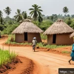 코트디부아르 빈곤율과 경제격차 - A rural Ivorian farming village scene during daytime, showing small-scale farmers working on modest ...
