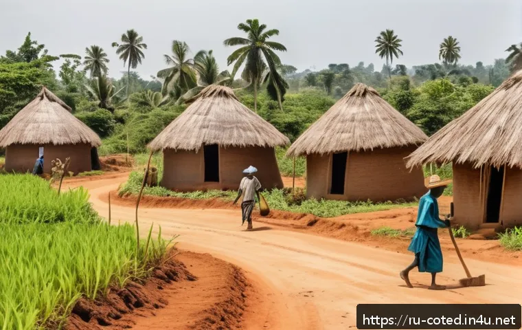 코트디부아르 빈곤율과 경제격차 - A rural Ivorian farming village scene during daytime, showing small-scale farmers working on modest ...