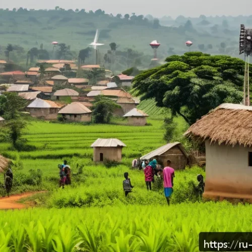 코트디부아르 지역별 인터넷 보급률 - A vibrant rural village scene in Ivory Coast showcasing modern mobile internet infrastructure: multi...