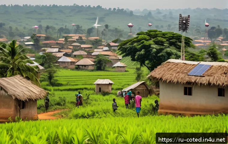 코트디부아르 지역별 인터넷 보급률 - A vibrant rural village scene in Ivory Coast showcasing modern mobile internet infrastructure: multi...