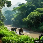 코트디부아르에서 아프리카 여행 계획 - A vibrant scene of Tai National Park in C&ocirc;te d&rsquo;Ivoire during daylight, showcasing dense tropical rai...