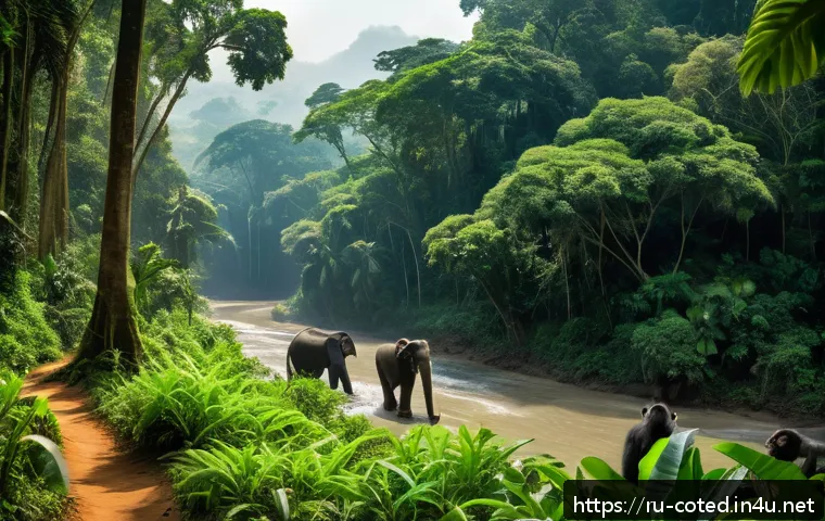코트디부아르에서 아프리카 여행 계획 - A vibrant scene of Tai National Park in C&ocirc;te d&rsquo;Ivoire during daylight, showcasing dense tropical rai...
