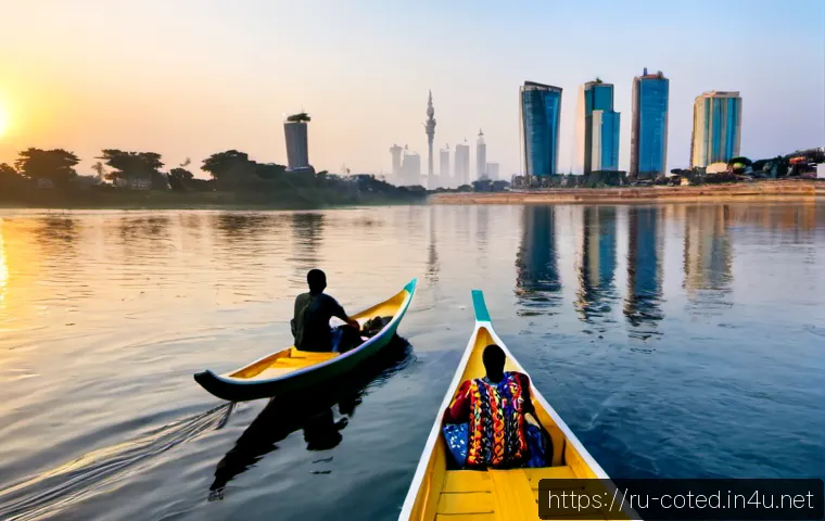 코트디부아르 아비장 여행 가이드 - Photorealistic travel guide scene in Abidjan, Côte d’Ivoire, panoramic sunrise view from the Ébrié L...