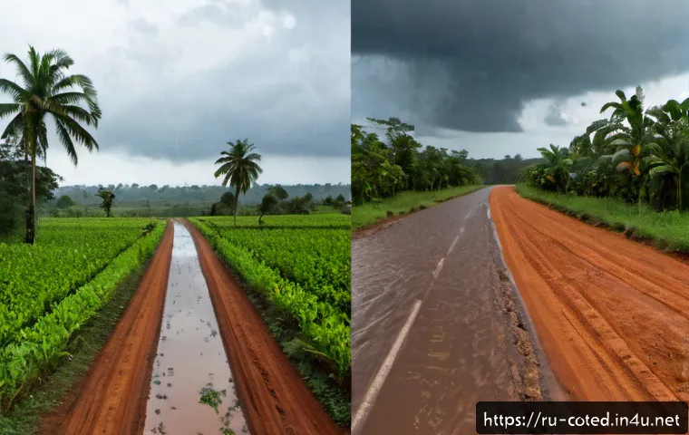 코트디부아르 우기와 건기 차이 - Photorealistic split-scene comparison of rural Côte d’Ivoire during the dry season and rainy season,...