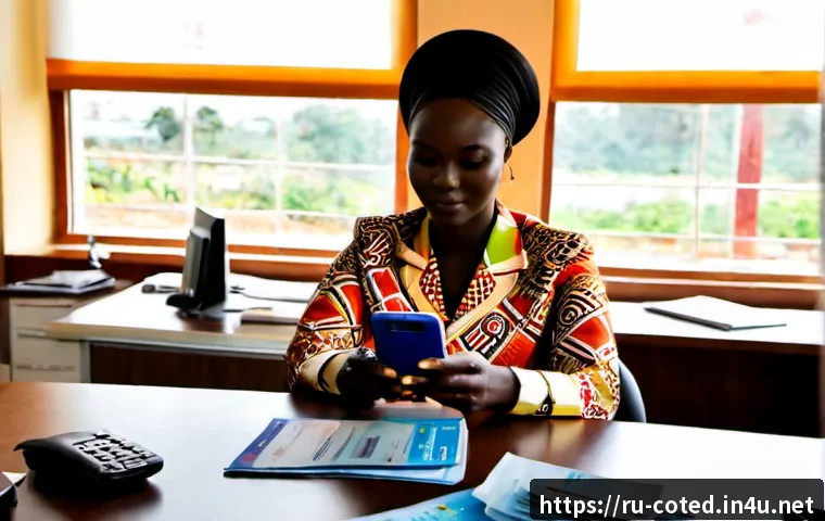 Home 17 코트디부아르에서 해외 송금하는 법 - Photorealistic scene in a modern Abidjan financial office, an Ivorian businesswoman seated at a clea...