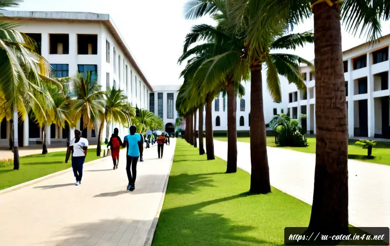 코트디부아르 명문 대학교 - Photorealistic wide-angle view of a prestigious public university campus in Abidjan, Côte d’Ivoire, ...